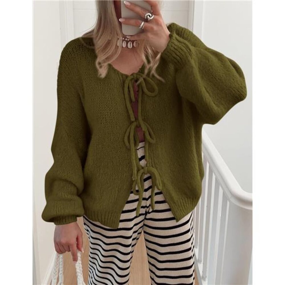 NEW Women's Tie Front Bow Cardigan Sweaters Chunky Knit Long Puff Sleeve Trendy - Picture 5 of 6